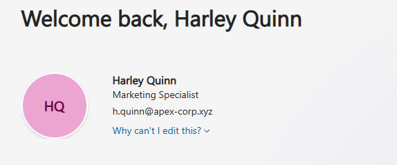 Azure portal showing Harley Quinn logged in successfully with an active session